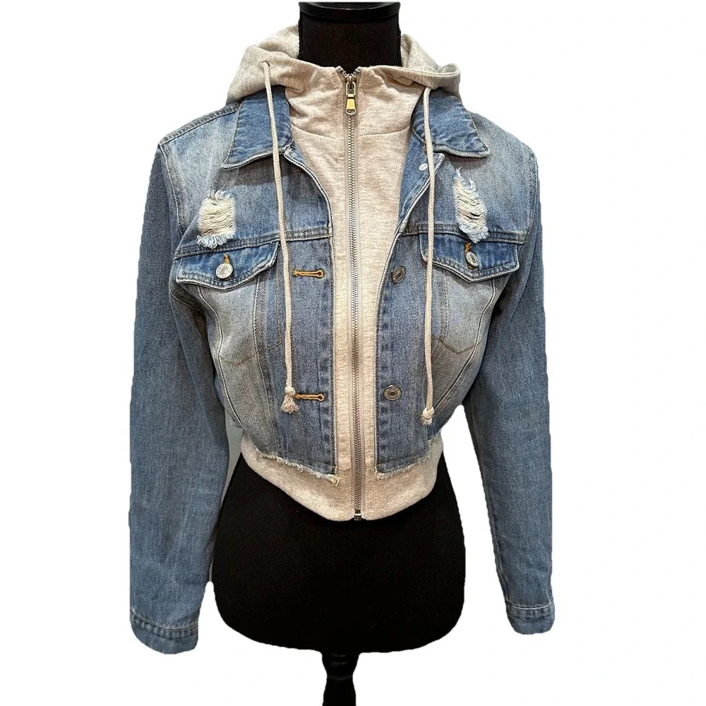 Love Tree Denim Jeans Cropped Jacket Girls Medium Full Zip & Button Gray Lining - Picture 3 of 10